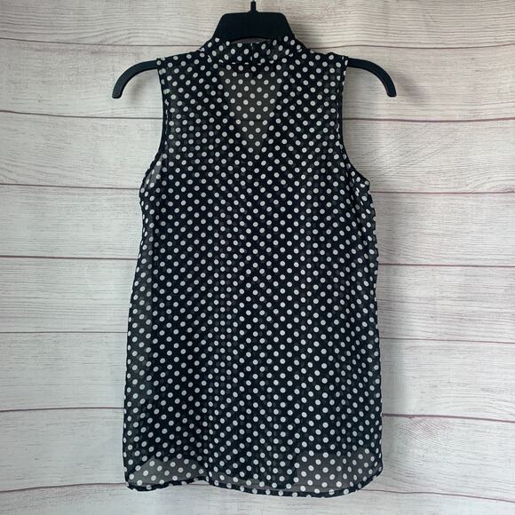 Almost Famous Black with White Polka Dot Sheer Sleeveless Blouse Tie Neck Size S - Picture 5 of 11